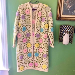 VINTAGE Lilly of California Floral Embroidered Long Duster Knit Cardigan Granny